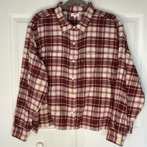 Levis Red/White/Black Plaid Cropped Flannel Button DownShirt Women’s Size XL - Picture 1 of 10
